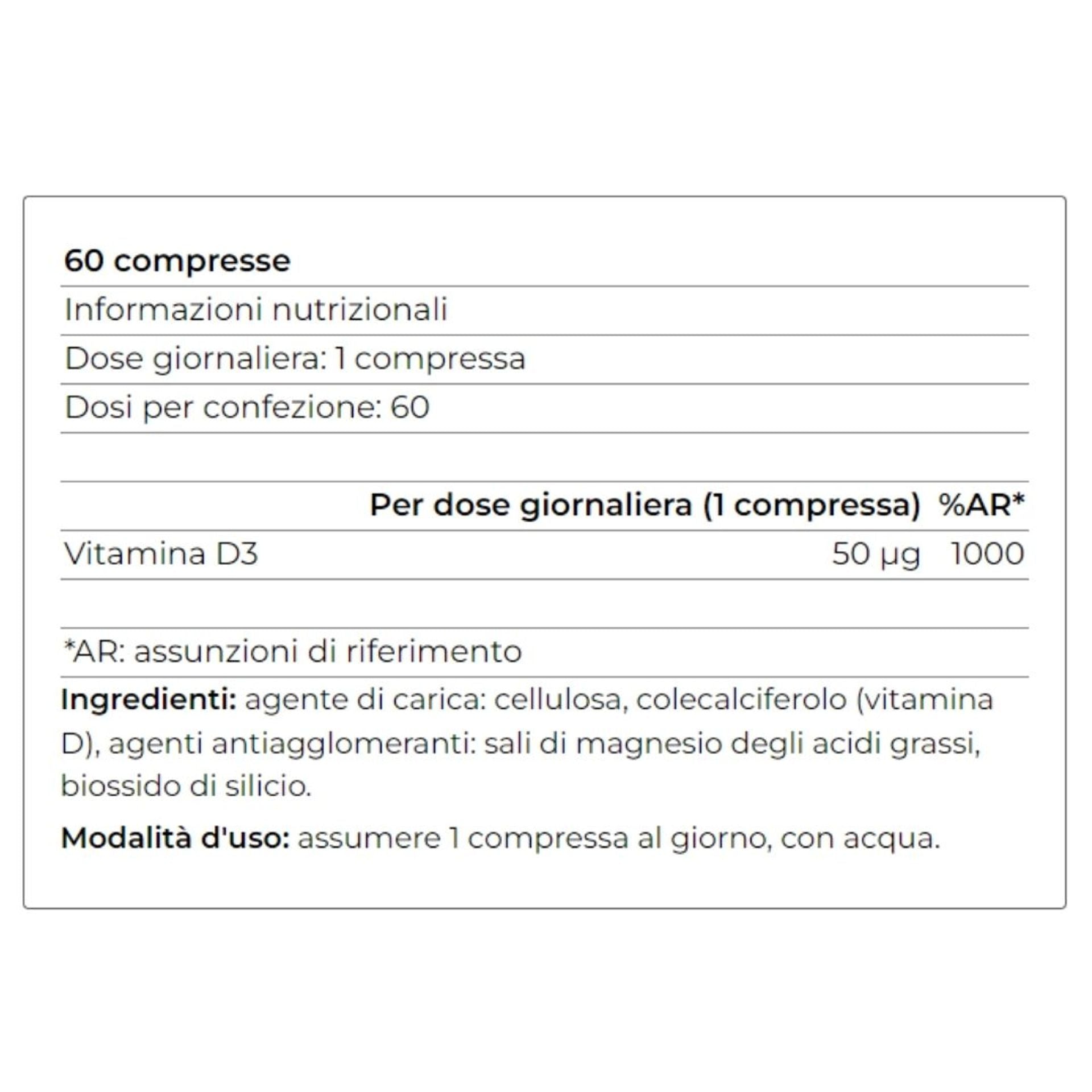 Vitamina D3 - 60 compresse - 50 mcg - Mantenimento di Ossa e Denti normali