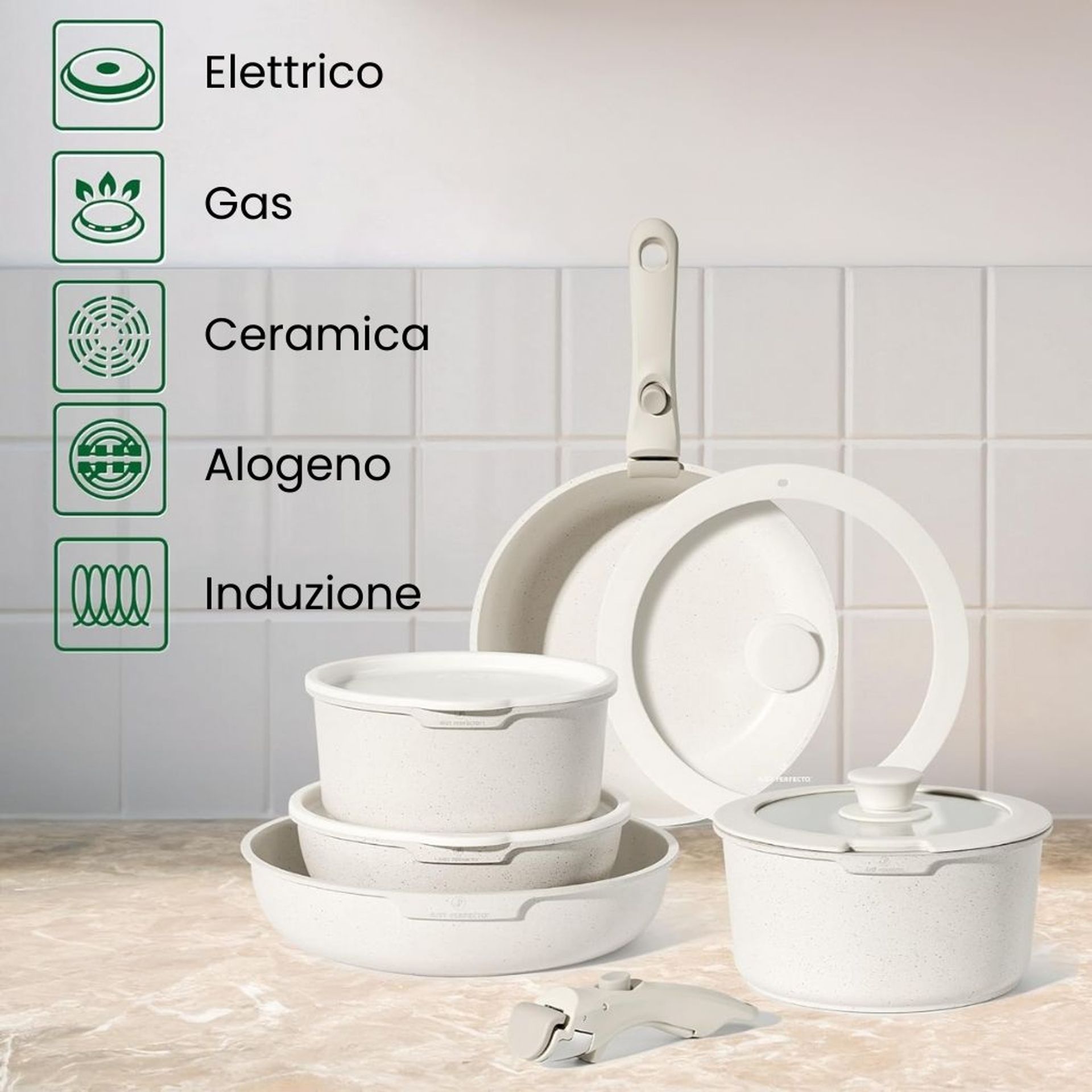 Batteria di pentole 11 pezzi con manico rimovibile