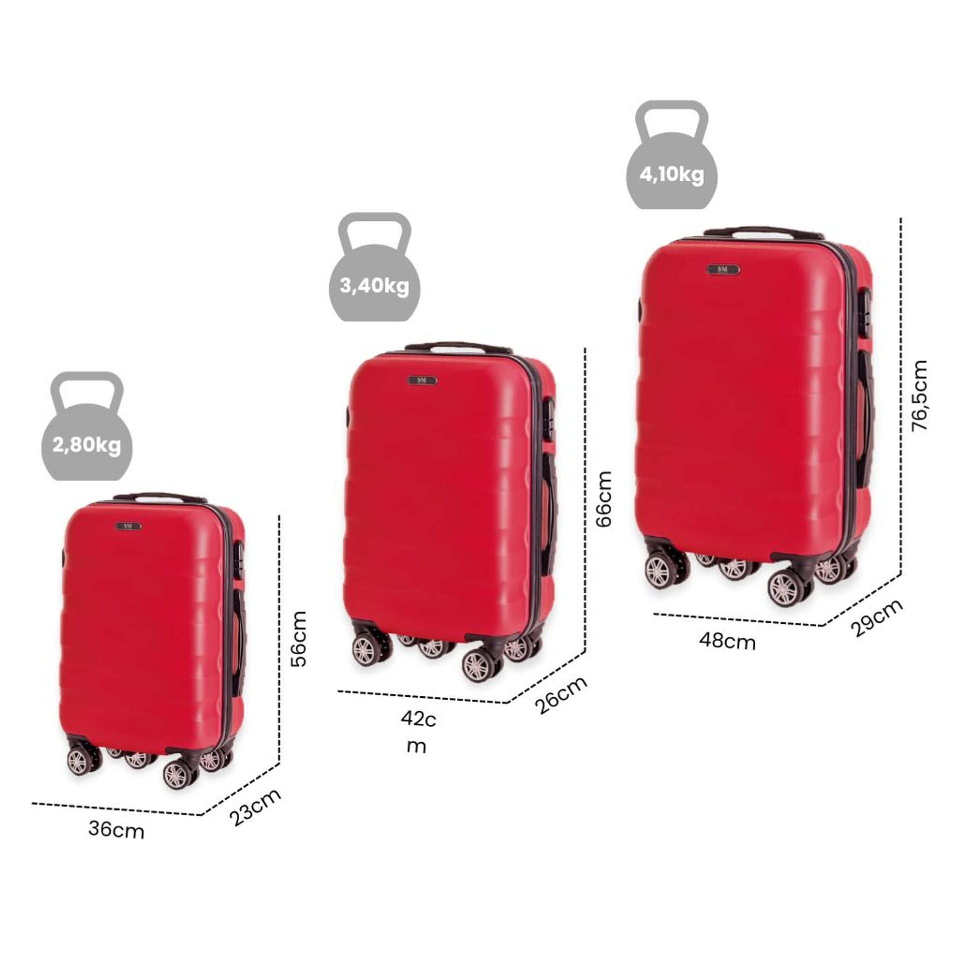 Set 3 valigie trolley rigido bagaglio a mano 56cm media 66cm grande 76,5cm con 4 ruote