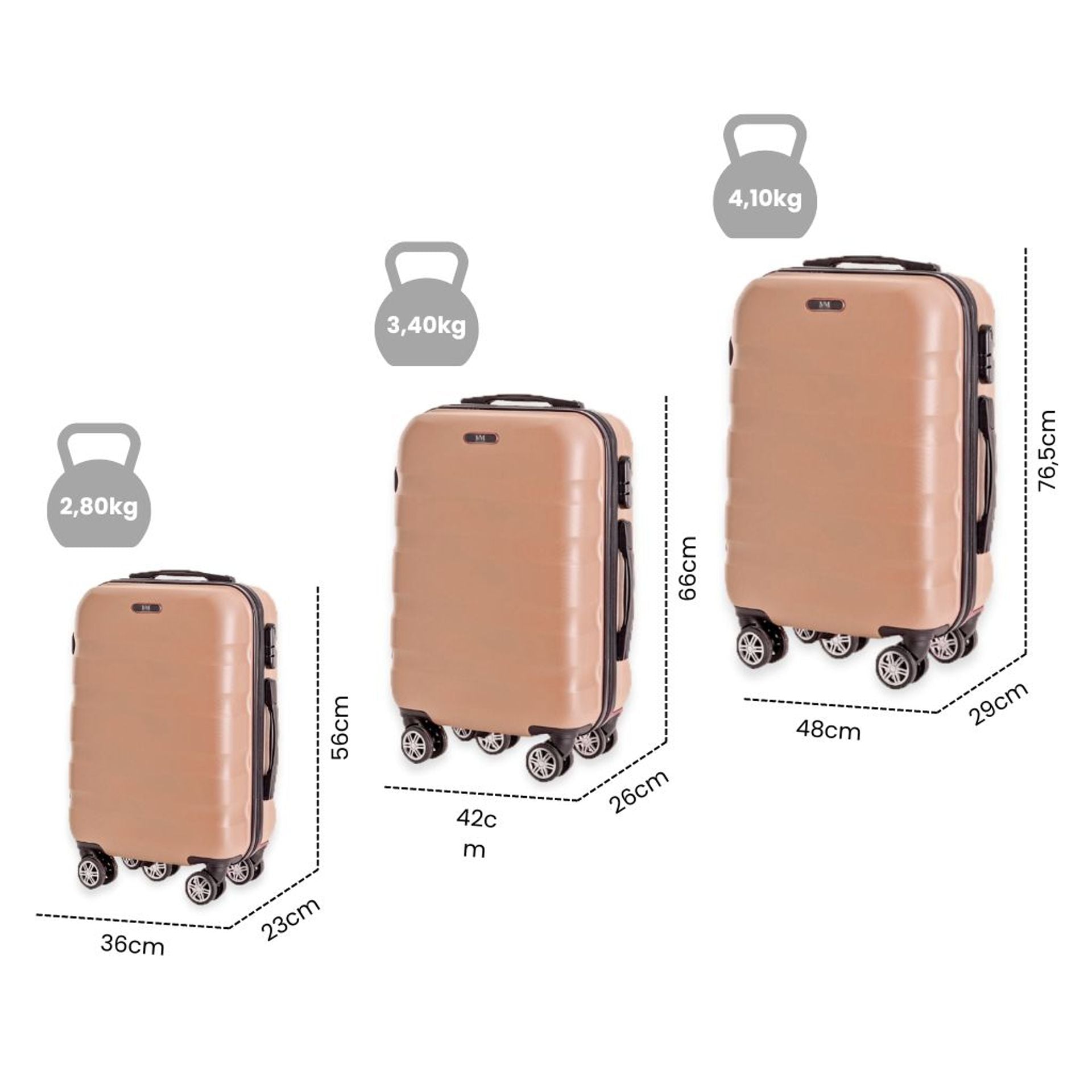 Set 3 valigie trolley rigido bagaglio a mano 56cm media 66cm grande 76,5cm con 4 ruote