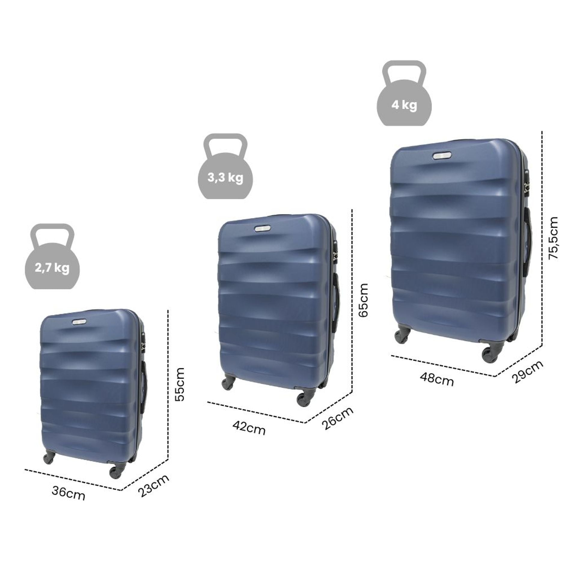 Set 3 valigie trolley rigido bagaglio a mano 55cm media 65cm grande 75,5cm con 4 ruote